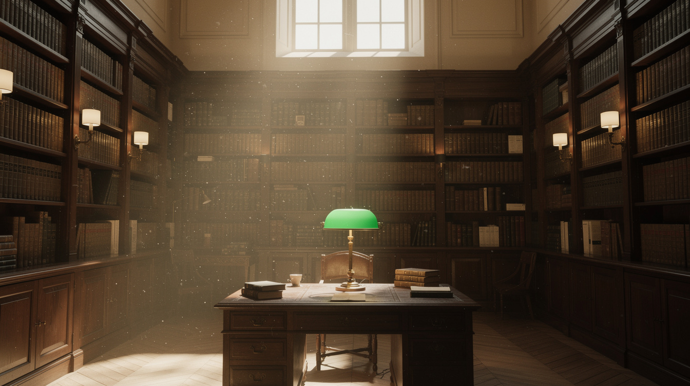 Elegant archive reading room with warm light and rows of books